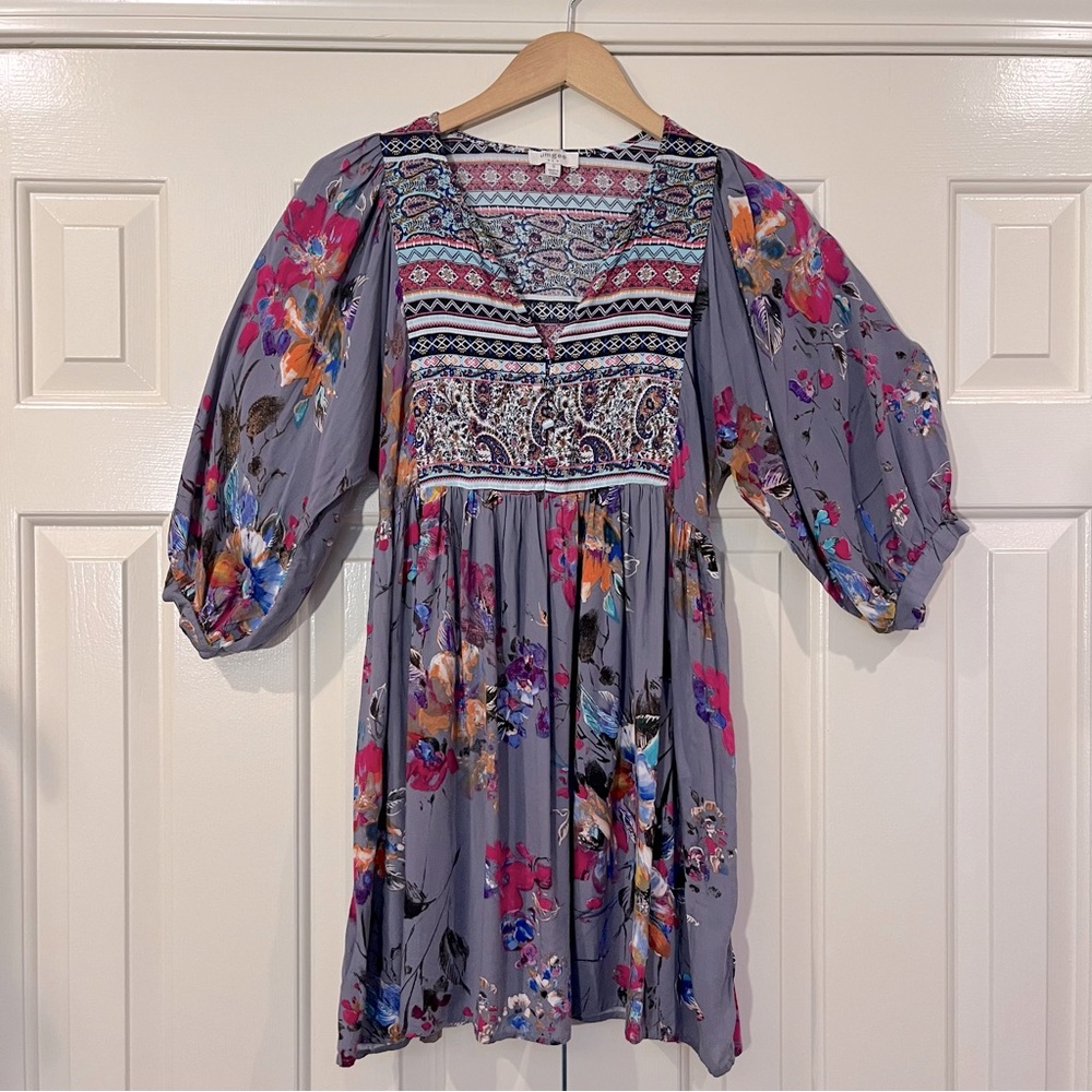 Umgee Babydoll Swing Mini Dress Tunic Gray Floral Puff Sleeve Boho Size Small
